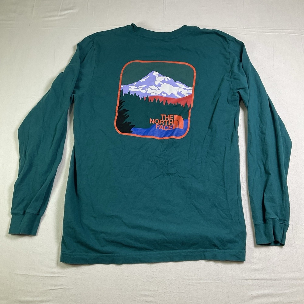 The North Face Mens Long Sleeve Mountain Logo Graphic T-Shirt Green Size L 653